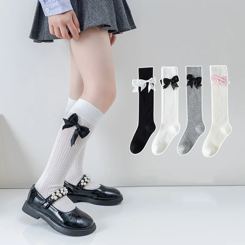 Sommer Kinder Lange Röhrensocken Einfarbig Dünne Atmungsaktive Netzstrümpfe für Mädchen Schleife Prinzessin Baumwolle Kindersocken 3-12 Jahre