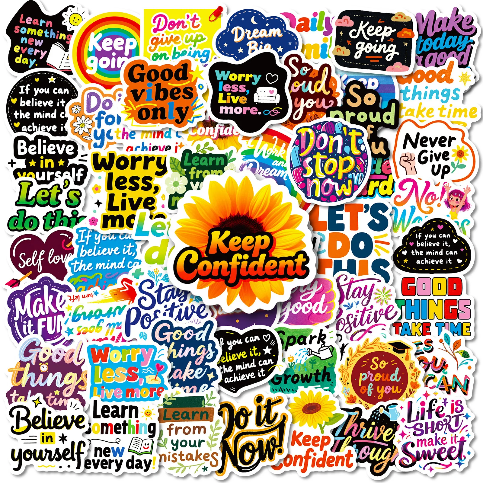 56PCS English Inspirational Text Cartoon Stickers Positive Energy Short Sentence Graffiti Decoration Notebook Suitcase Guitar