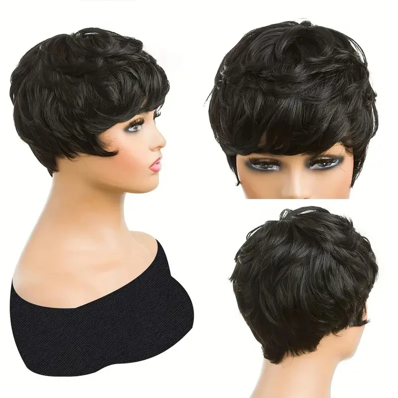 150% density wig machine made remy wig for women 6inch natural black color pixie curly human hair wig