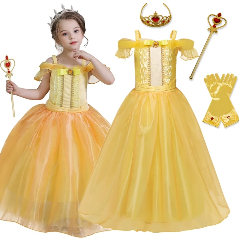 Kids Princess Dresses Girls Belle Party Costume Children Carnival Birthday Flower Clothes Beauty and the Beast Fancy Disguise