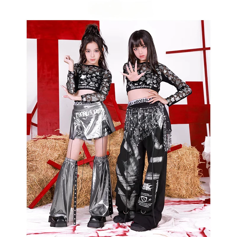 New Girls Kpop Jazz Dance Costume Cool Hip Hop Clothes Long Sleeve Top Baggy Pants Group Fashion Catwalk Performance Outfits