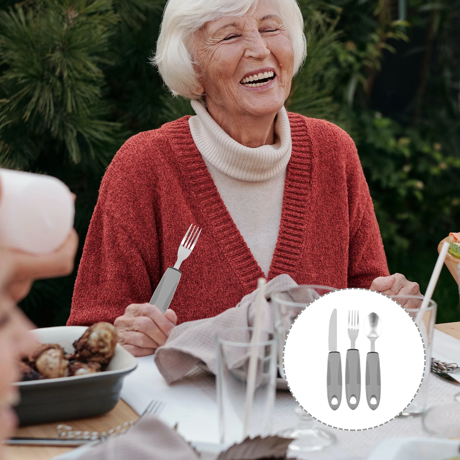 1 Set Anti-Shake Adaptive Utensils Kit Wider Raised Handles Non-Weighted Elderly Tableware Adults Suitable for Arthritis