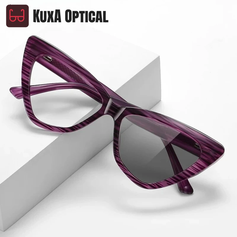 

KUXA классические очки для чтения «кошачий глаз» с прозрачными полосками и защитой от синего света, женские настраиваемые фотохромные очки по рецепту LS030