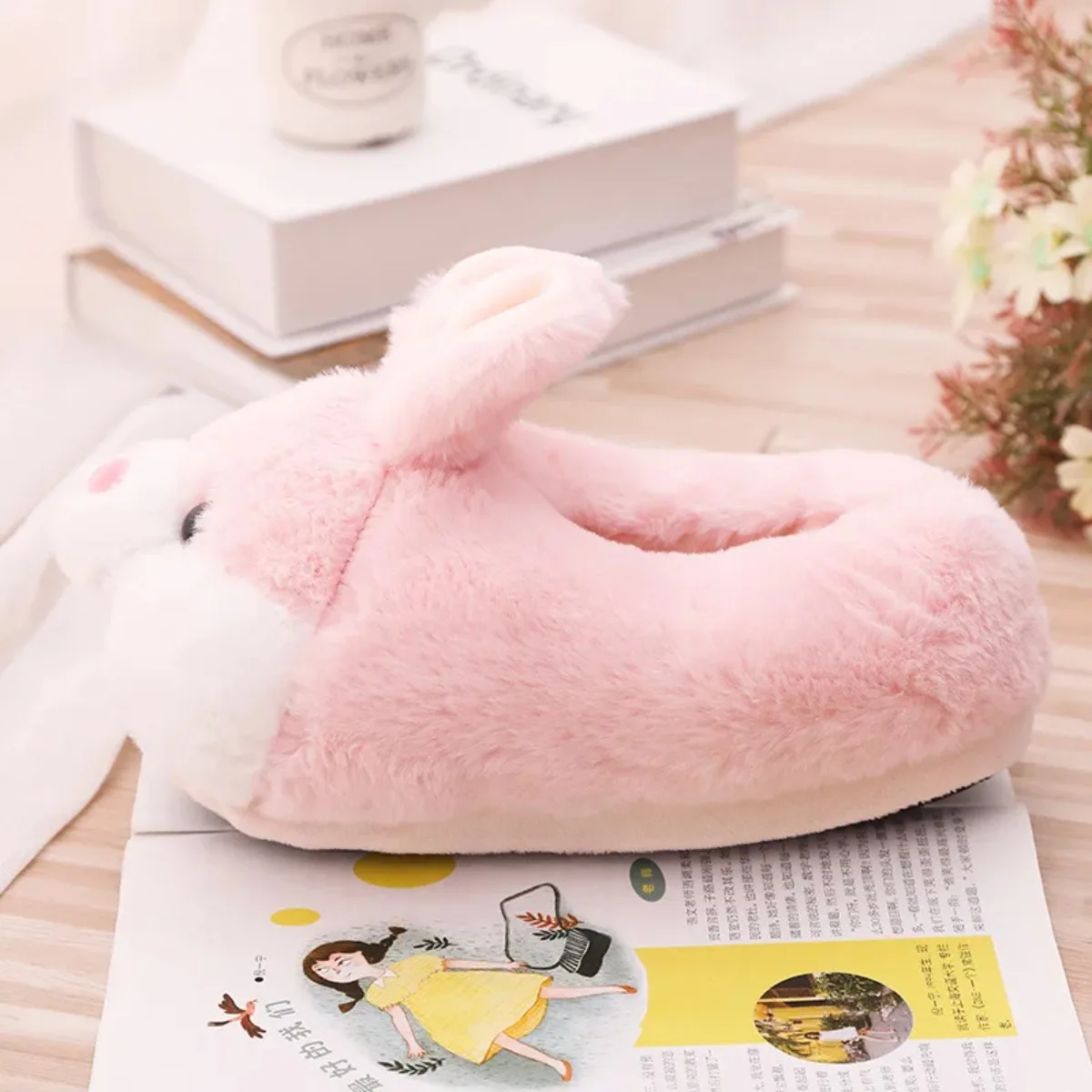Women House Fur Slippers Casual Cute 3D-shaped Lovely Bunny Rabbit Design Pink Grey Winter Indoor Warm Soft Soles Comfy Home New