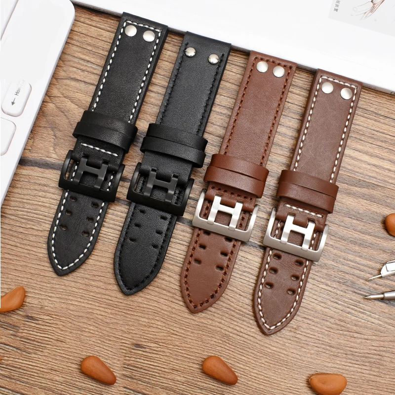 Genuine Leather Watchband for Hamilton Khaki Aviation Field Series Men\'s Watch Band Bracelte with Rivets Strap Brown 20mm 22mm