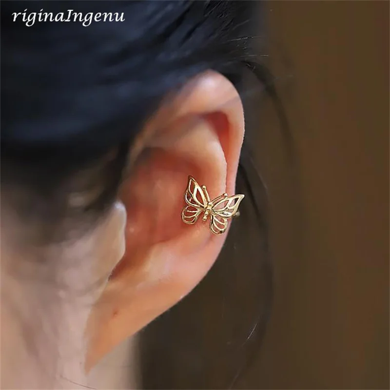 Solid 9K Gold Ear Cuff Fake Piercing Earrings Dainty Butterfly Ear Cuff Yellow Gold Fine Jewelry Tarnish Resistant Women Jewelry