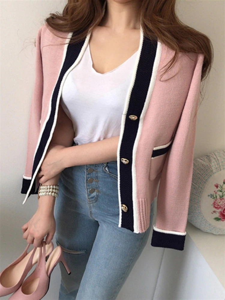 Colorfaith SWC7836 New 2023 Chic V-Neck Buttons Short Cardigans Spring Autunm Women\'s Sweaters Korean Fashion Pocket Knitwears