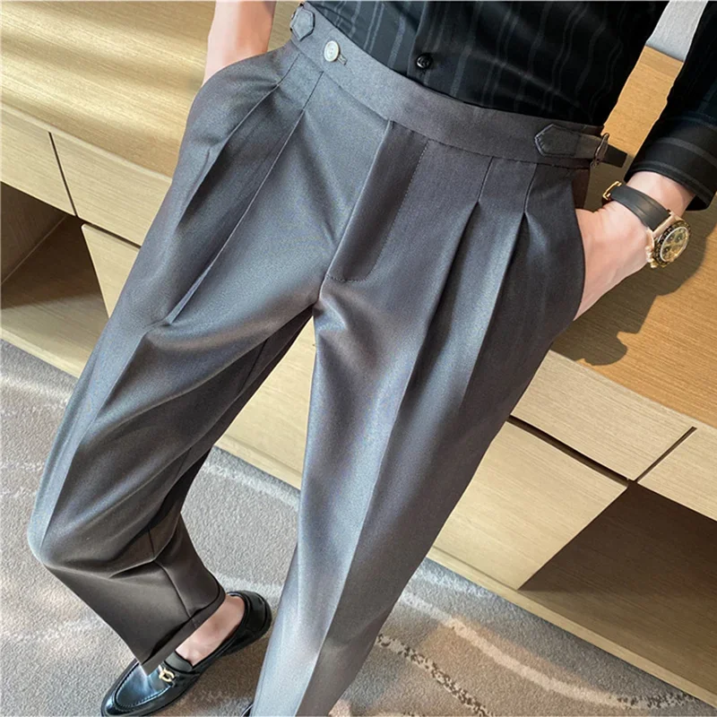 New Mens Dress Pants Fashion Social Belt Decoration Slim Fit British Style Trousers Male High Waist Casual Business Dress Pants