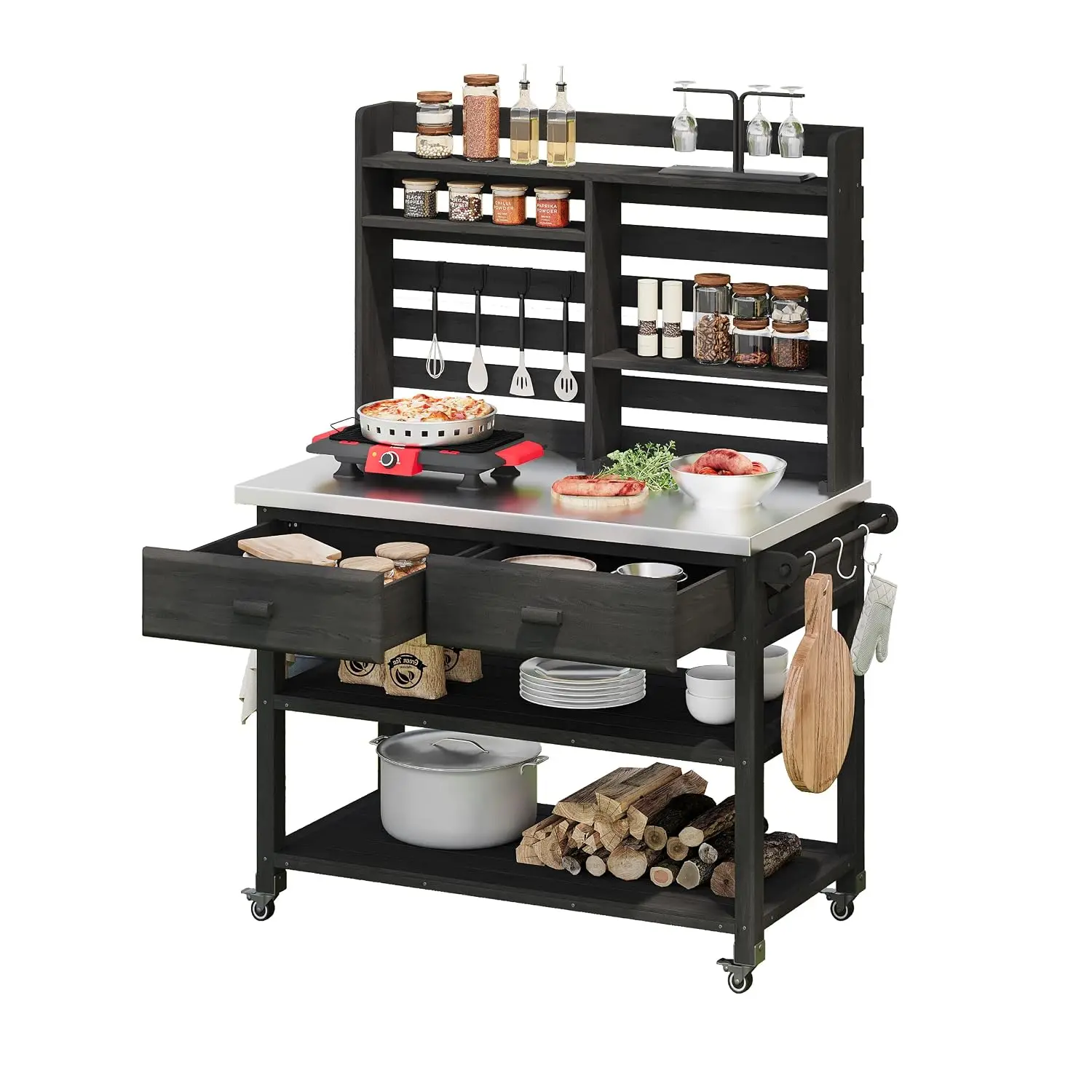 Outdoor Grill Cart with Steel Top, Storage Cabinet, Hutch, Towel Rack, 65