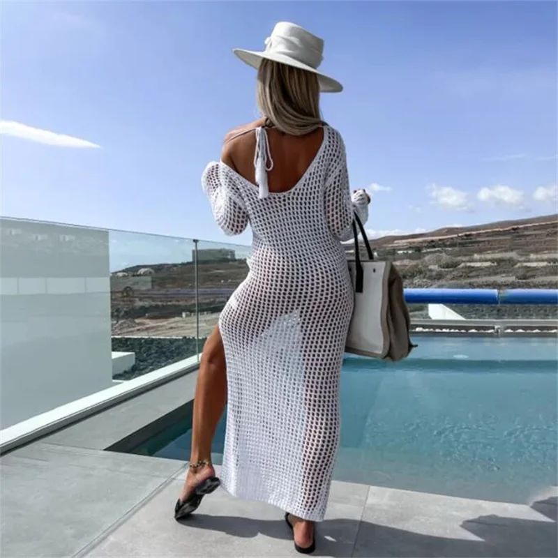 

New Crochet Swimsuit Beach Cape Women Bikini Cover Up Pareo Long Sleeve Sexy Backless Cardigan Summer Outfits Knit Long Dresses