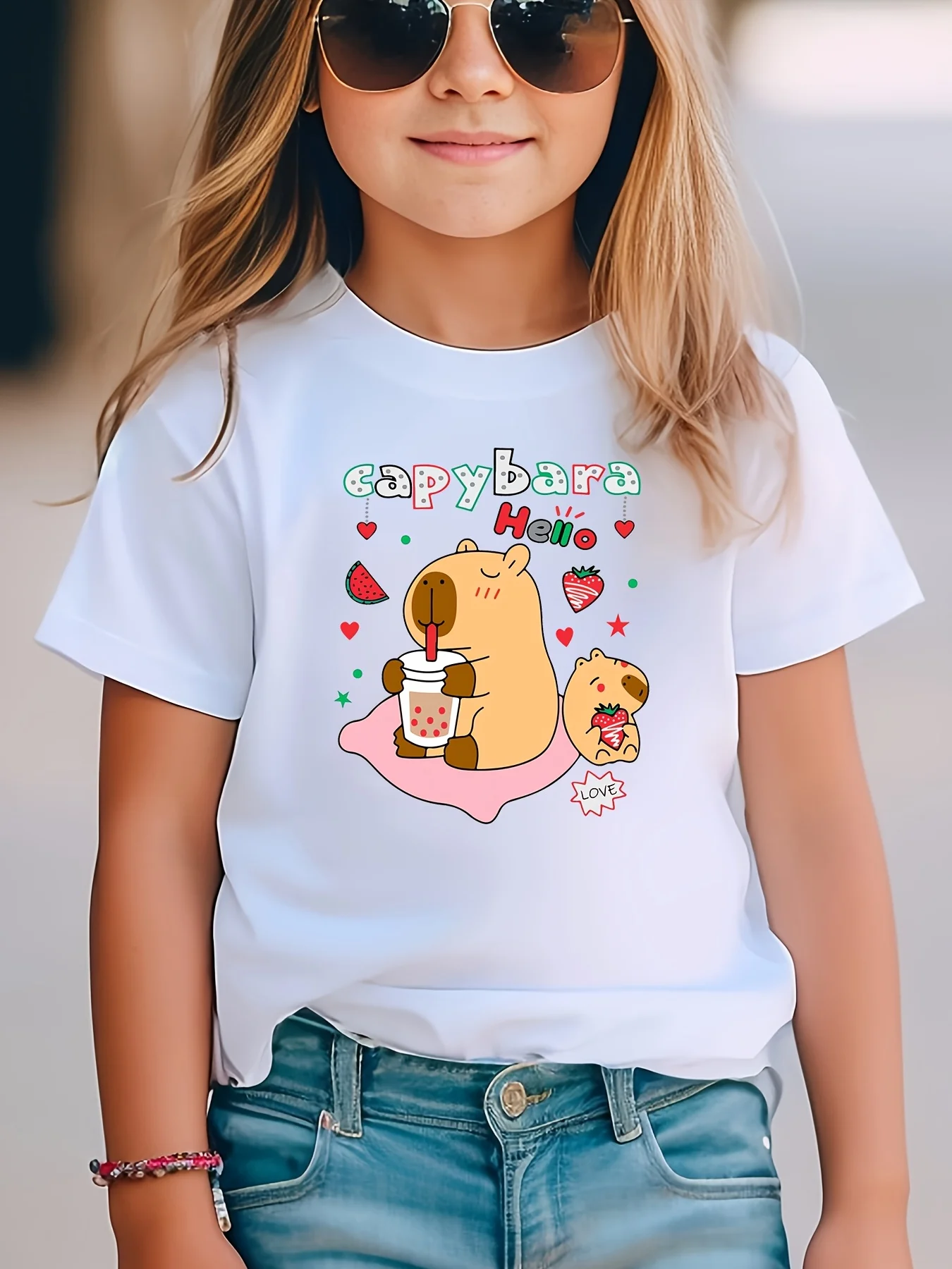 Capybara Fruit Milk Tea Print Kids Tee Boys Girls Family Matching Short Sleeve Soft Breathable Parent Child Daily Comfort Tops