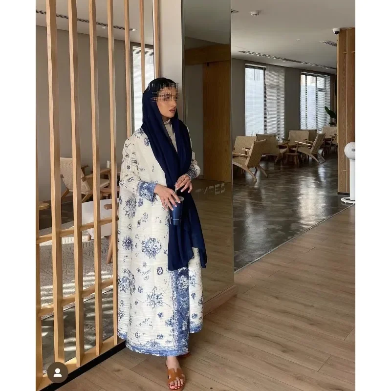 Fashion Saudi Women\'s Long Gown White Premium Printed Temperament Elegant Pleated Abaya Casual Peplum Holiday Dress Jacket