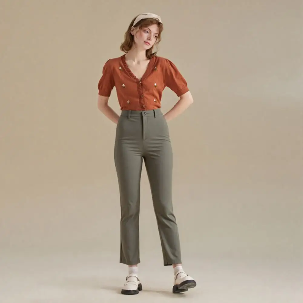 Эластичные брюки. Стильные женские прямые брюки со средней посадкой и карманами. Однотонные брюки для лета. Летние брюки на молнии.