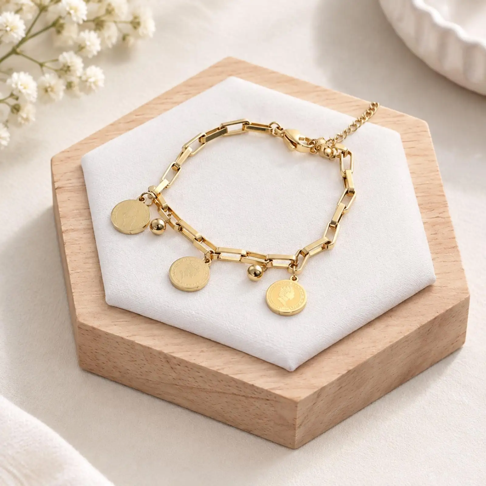 Wooden Jewelry Display Stand with Padded Faces Countertop Hexagonal Jewelry Display Stand Compact for Showcases, Shop Vitrines,
