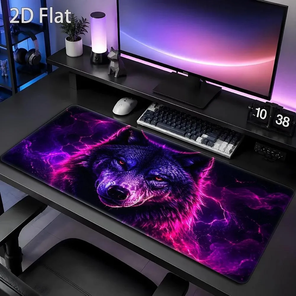 Colorful neon wolf mouse pad, with electric purple lightning theme, futuristic digital art design alfombrillas para escritorio
