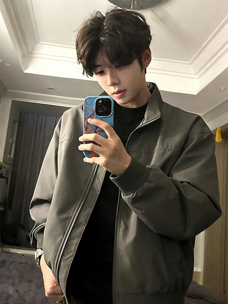 

Мужская куртка-пилот с воротником-стойкой цвета «Волчья серость», весенняя модная американская рабочая одежда, верхняя одежда премиум-класса с эффектом утяжки на плечах