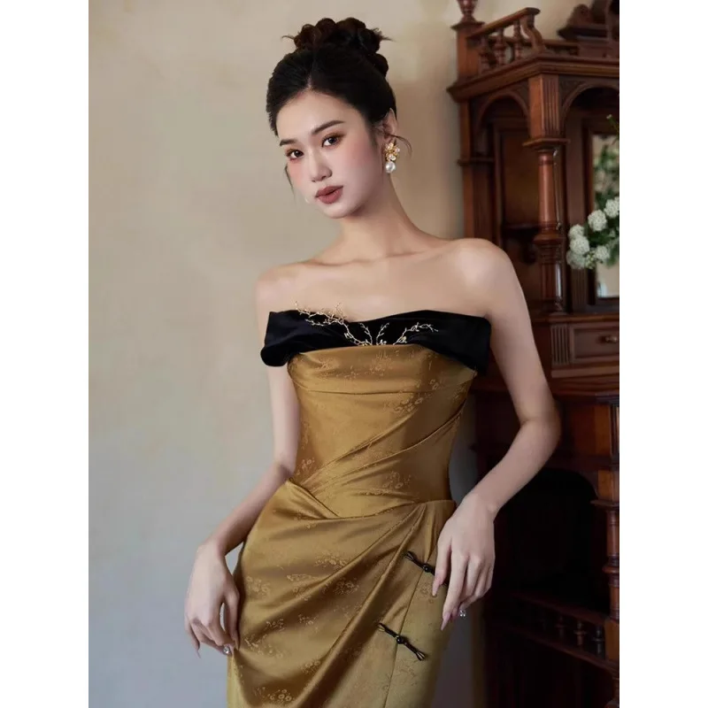 Morning Gowns Women's 2024 New High-Grade New Chinese Style Tube Top Toast Clothing Niche Retro Slit Bride Engagement Formal Dre