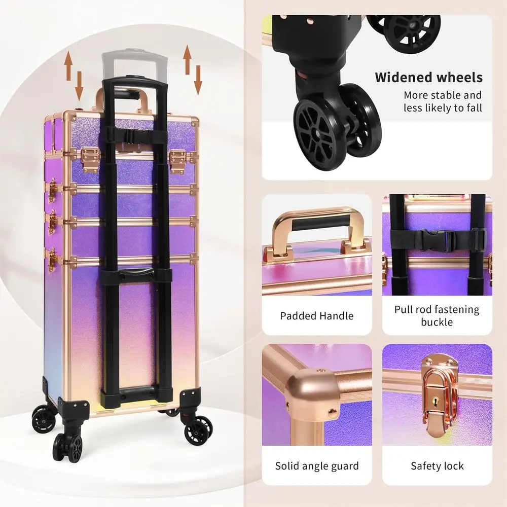 Estojo de trem de maquiagem rolante com tampa, estojo de cosmetologia 5 em 1 sobre rodas, grande organizador de carrinho de cosméticos para viagem para cabeleireiro A