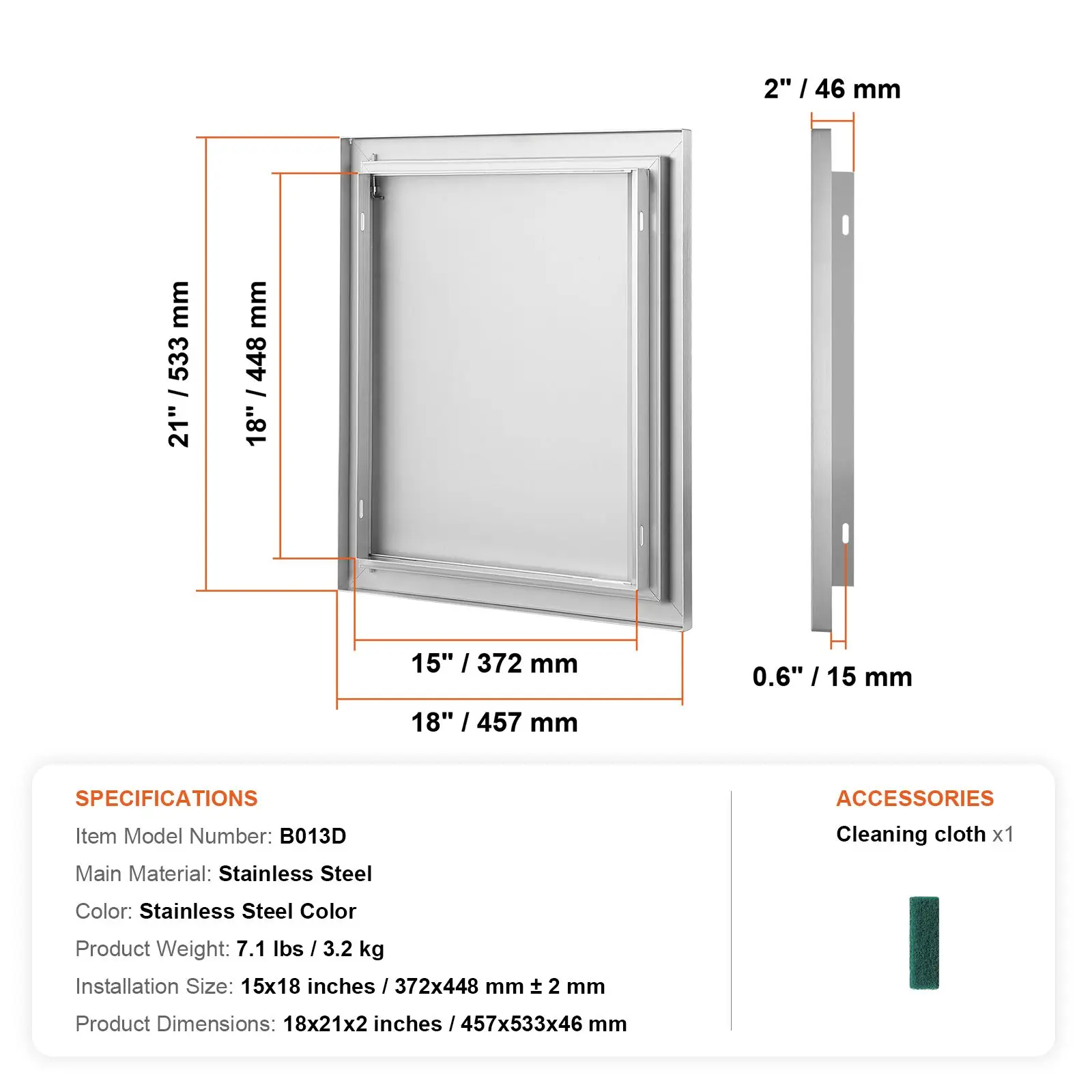 BBQ Access Door, 18W x 21H Inch Single Outdoor Kitchen Door, Stainless Steel Flush Mount Door, Wall Vertical Door with Recessed Handle, for BBQ Island, Grilling Station, Outside Cabinet
