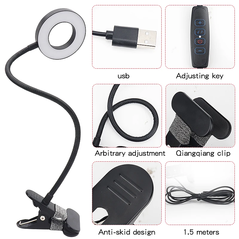 3 Modes Dimmable USB Clip LED Ring Lamp Flexible Bendable Portable Fill Light Eyelash Lash Extension Tattoo Makeup Clip Light