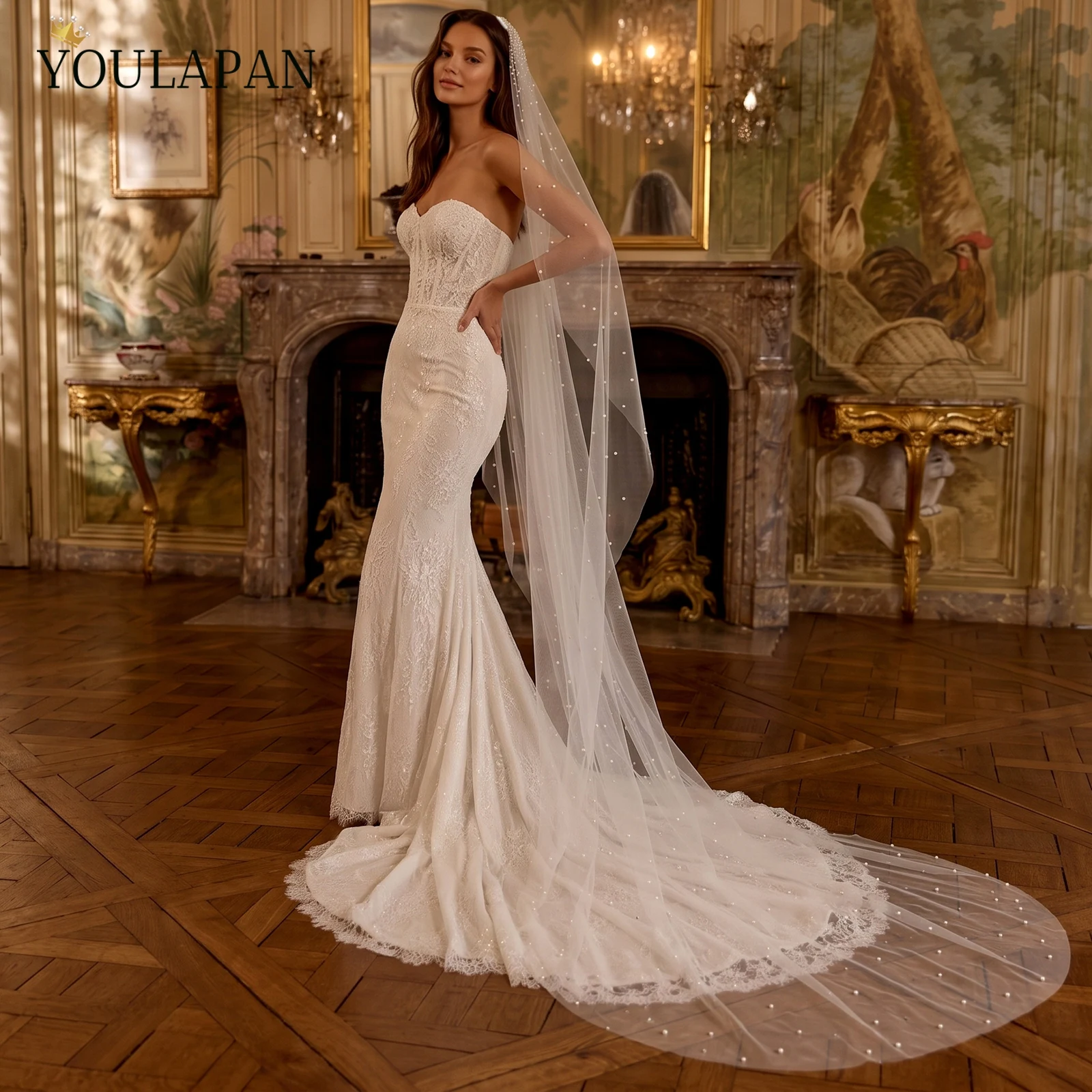 TOPQUEEN Elegant Pearls Bridal Veil Soft 1 Tier фата испанка Beaded Wedding Veil For Bride Simple Cathedral Veils With Comb V180