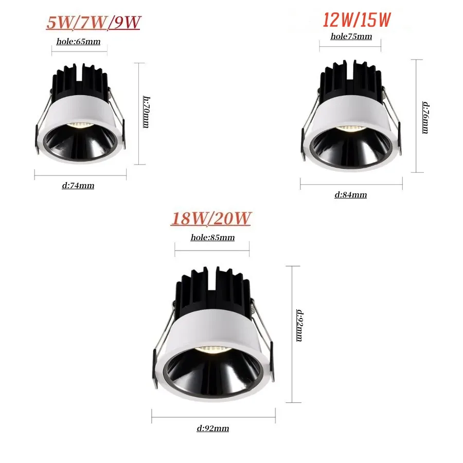 Ściemniany Led typu Downlight wbudowana lampa sufitowa reflektor aluminiowy Led oświetlenie COB 5W 7W 9 w12w16w18w20w AC110V 220V dom biurowy