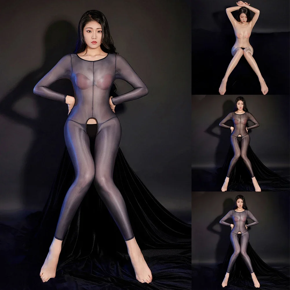 Ladies Open Crotch Full Bodystocking See Through Jumpsuits Female Sex Lingerie Transparent Pantyhose Hollow Out Tights Leggings