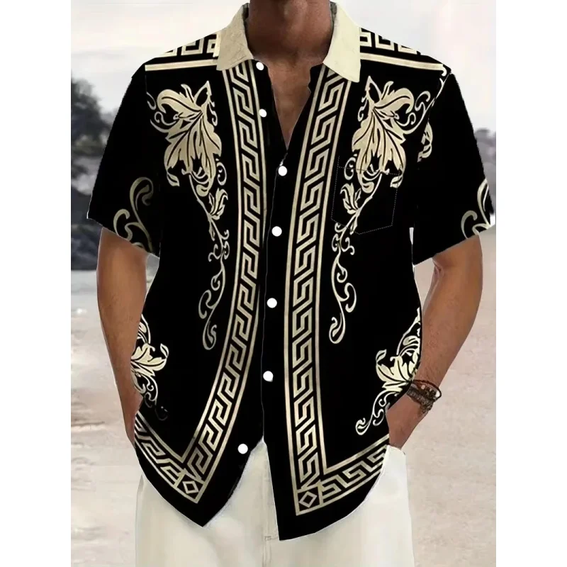 Retro Luxury Pattern Hawaiian Shirts For Men Exquisite Stripe 3D Printed Tops Short Sleeve Fashion Street Lapel Button Blouse