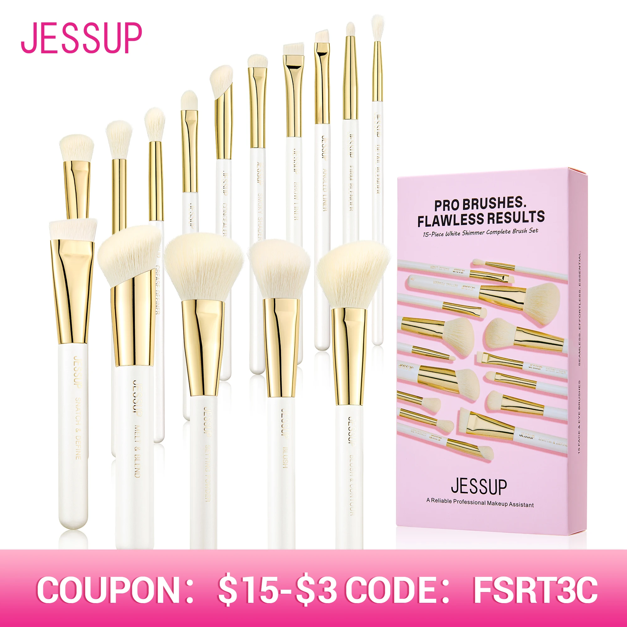 Jessup Makeup Brushes set 15pcs White Makeup Brush Foundation Contour Concealer Premium Synthetic Eyeshadow Cosmetic Tools T518