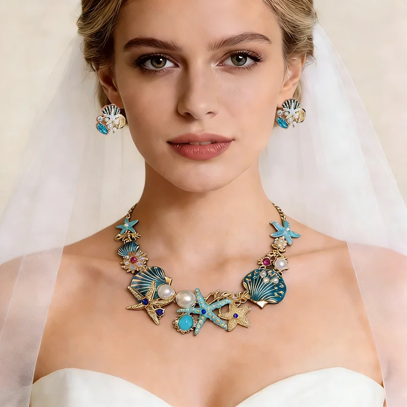 

Набор из 1/2 шт. ожерелий-чокеров в морском стиле с морскими звездами и ракушками, женские серьги-гвоздики с имитацией жемчуга и стразами, для пляжной свадьбы A1