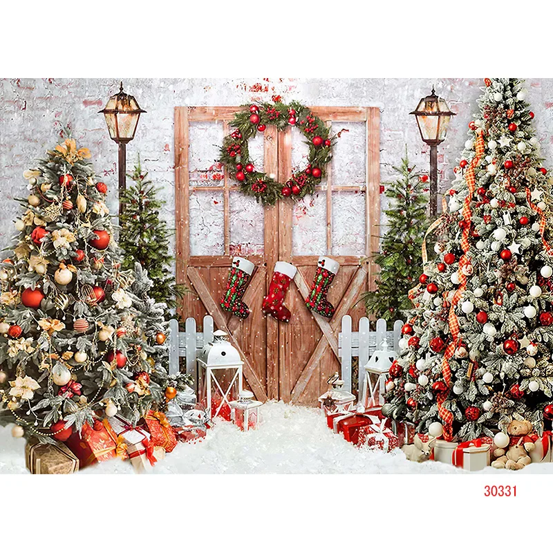 Vinyl Custom Christmas Tree Window Wreath Photography Backdrop Wooden Doors Snowman Cinema Pine New Year Background Prop ANT-01