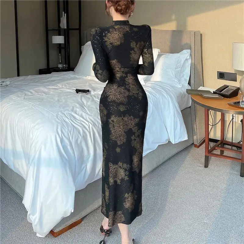 150kg 5XL Plus Size Chinese Style Cheongsam Sexy Women Vintage Long Sleeve Qipao Slim Split Midi Dress Cosplay Long Vestidos