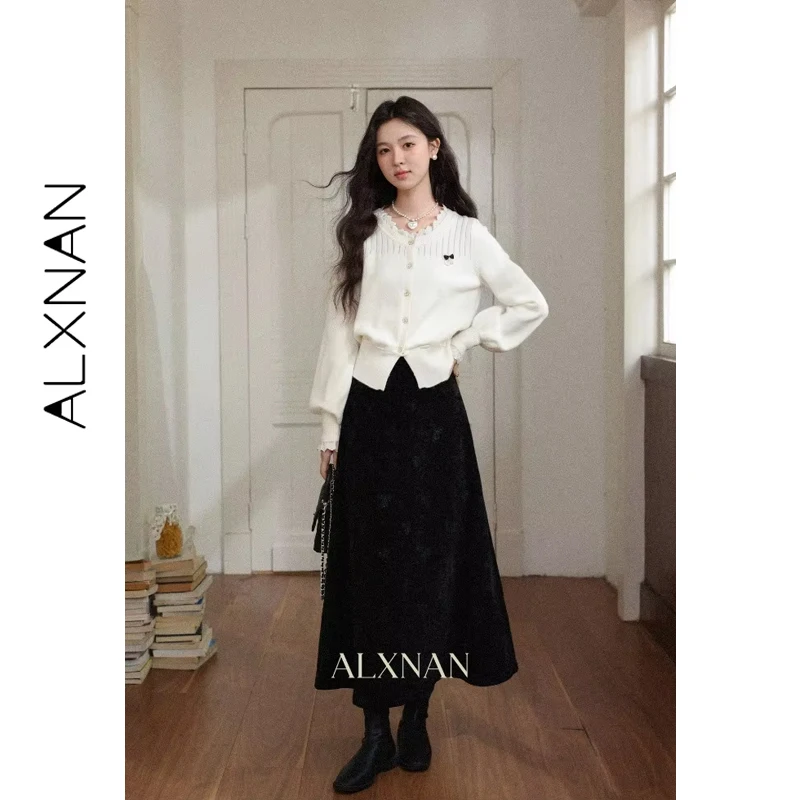 ALXNAN Women's Black Skirt 2026 Fall Casual Elegant Bow Embroidery Long Skirts Fashion High Waist A-line Female Clothing L58836