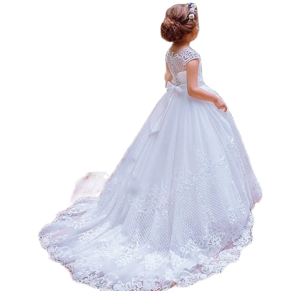 White Flower Girl Dresses for Weddings Princess Kids First Communion Pageant Evening Party Sleeveless Ball Gown Appliques Beaded