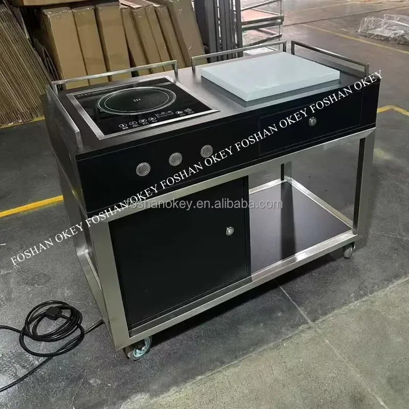 For Single Double Head Stove Food Serving Flambe Trolley Hotel Restaurant Banquet Cooking Cart Stainless Steel Mobile Warmer