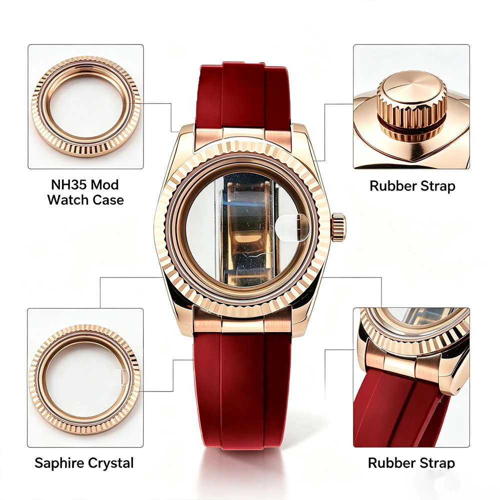 NH35 Watch Case Sapphire Glass Transparent/Solid Back Cover Rubber Strap Mod Watch Case For NH35 NH36 Movement Men NH35 CASE