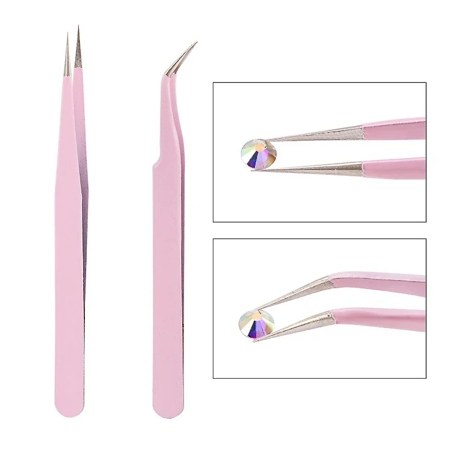 Pink Stainless steel tweezers, straight and curved tweezers, eyelash extension tools, nail art accessories, 2PCs