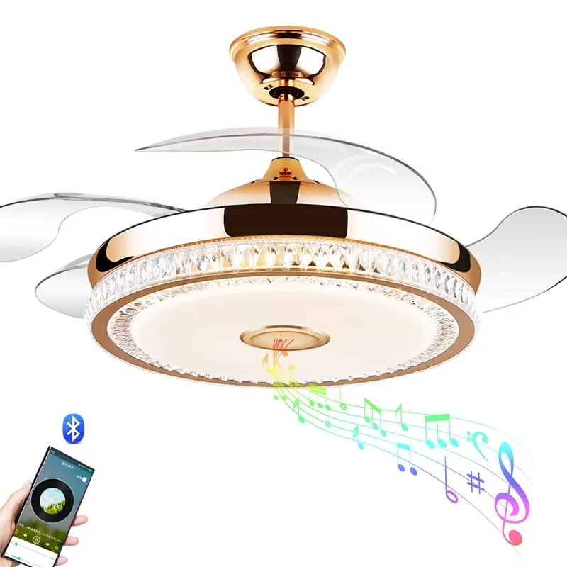 Modern living room fan light with a gold white 42-inch ceiling fan and a lamp with speakers