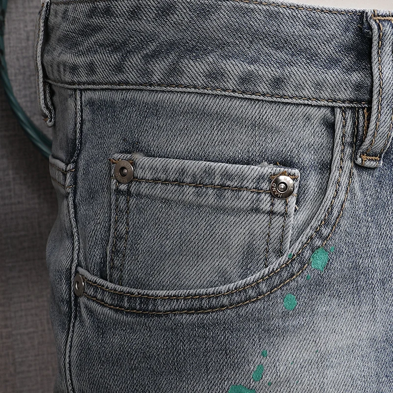 Street Fashion Men Jeans Retro Light Blue Vintage Stretch Skinny Ripped Jeans Men Patched Designer Hip Hop Denim Pants Hombre