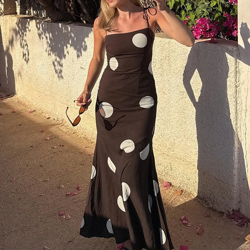Sommer Party Casual frauen Trendy Retro Polka Dot Spaghetti Strap Bodycon Maxi Kleid Elegante Slim Fit Langes Kleid 2026 neue