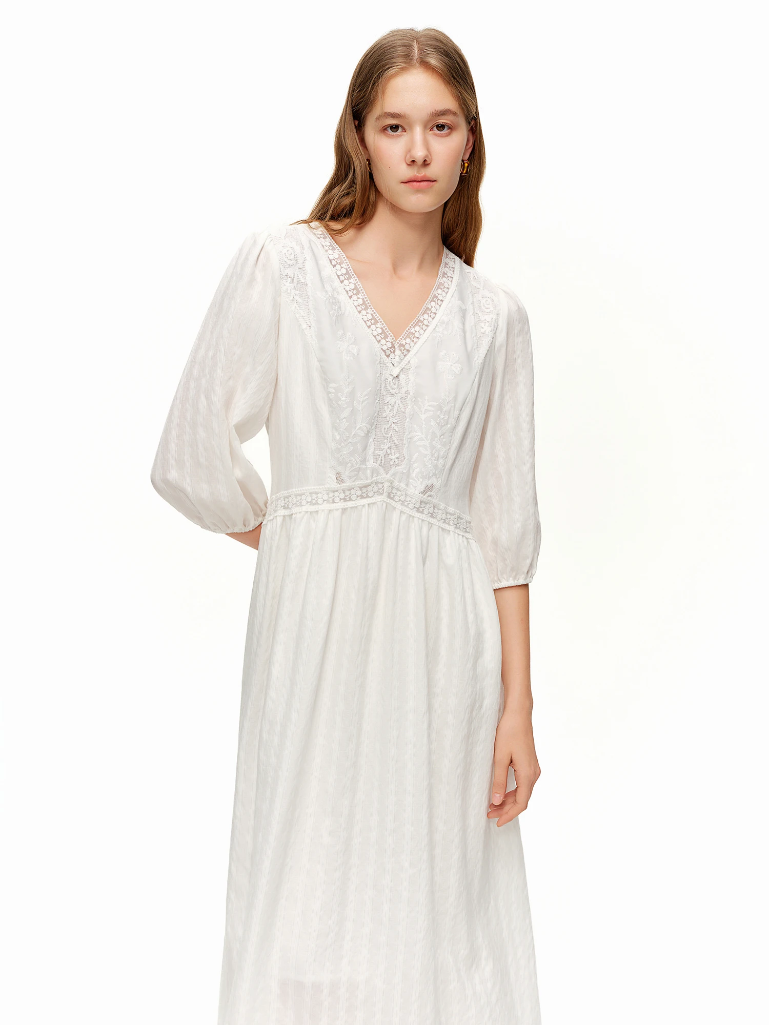 DUSHU 2026 Spring Women's Lace Panel V-Neck A-Line Dress - Flattering Slim Fit Office Commute Mid-Length Elegant Dress