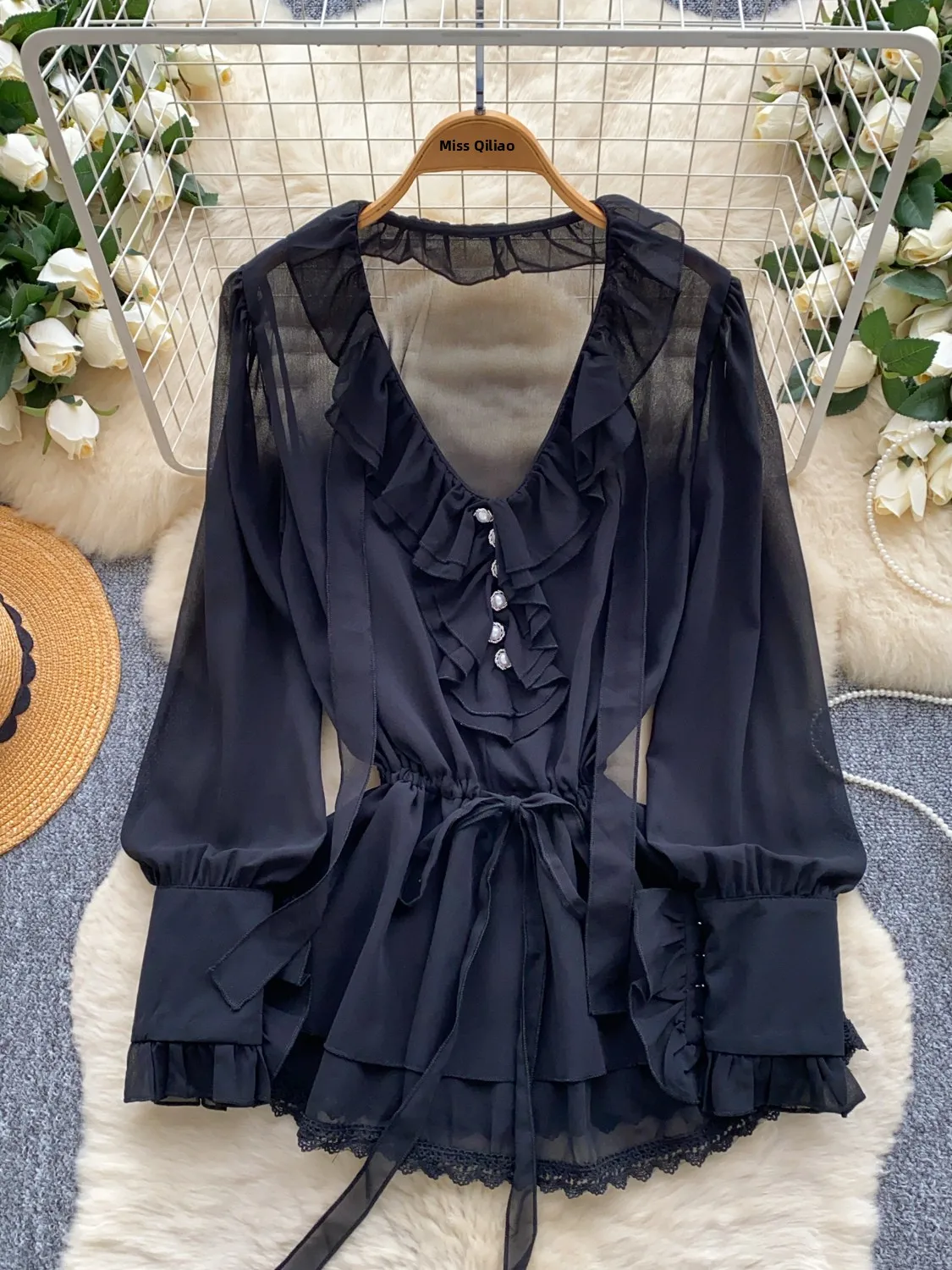 Court Sle V-Ne مطرز طويل Sve irt المرأة رقيقة الشيفون irt الخصر cinched جرس Sve الربط موسم الخريف