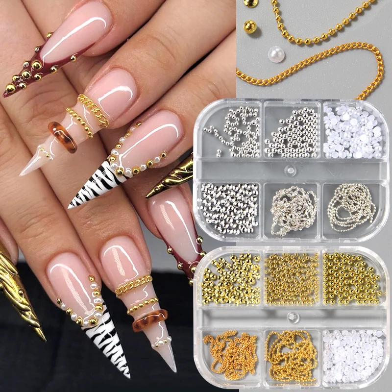 6-teilige Metall-Kaviar-Perlen 3D Nagelketten Dekorationen Elegantes Gold-Silber-Ketten-Design Y2K Punk Legierung Nagel-Charm Schmuck – Detail 1