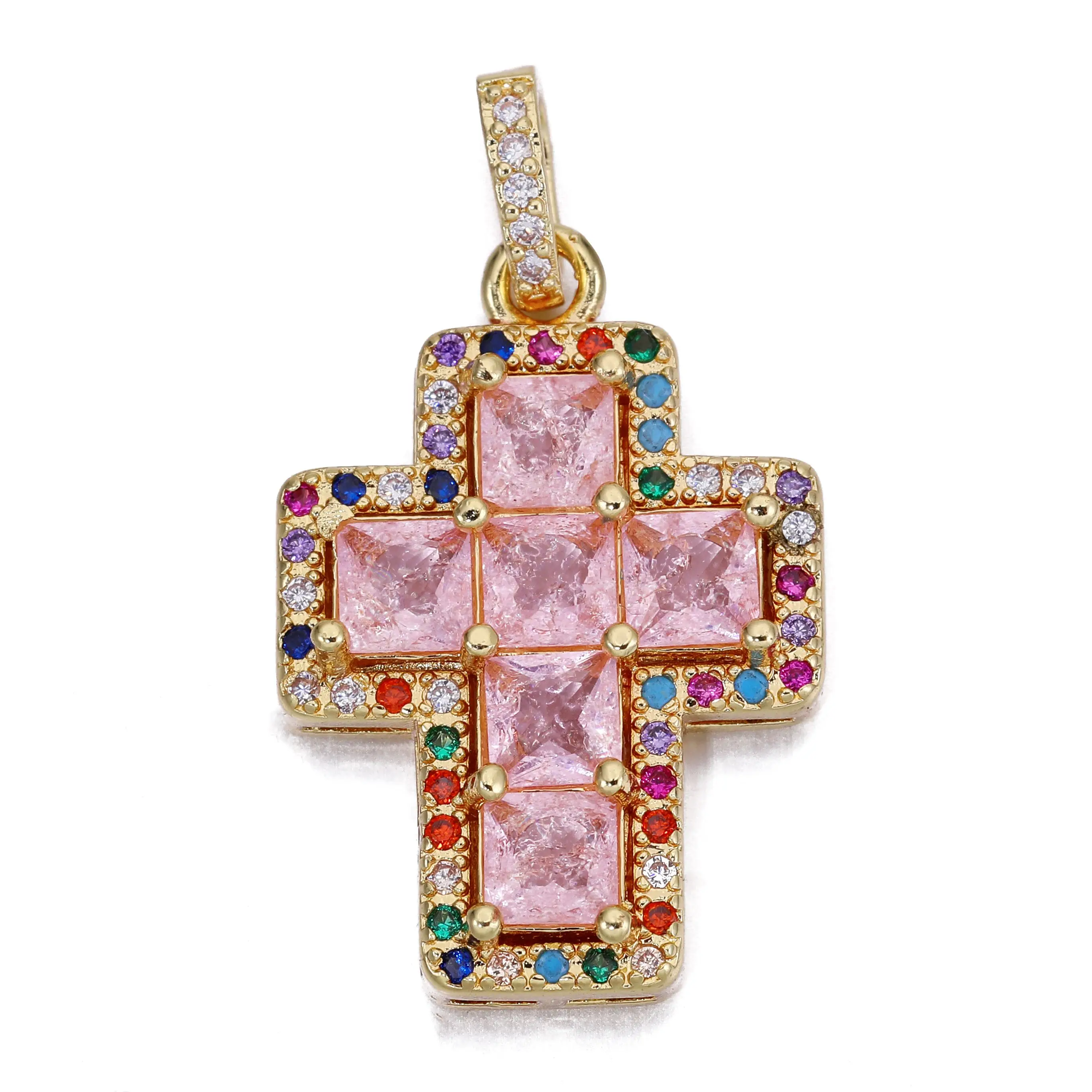 Women Christian Cross Charms for Jewelry Making Zirconia 18k Real Gold Plated Diy Pendants Religious Believer Crosses Talisman