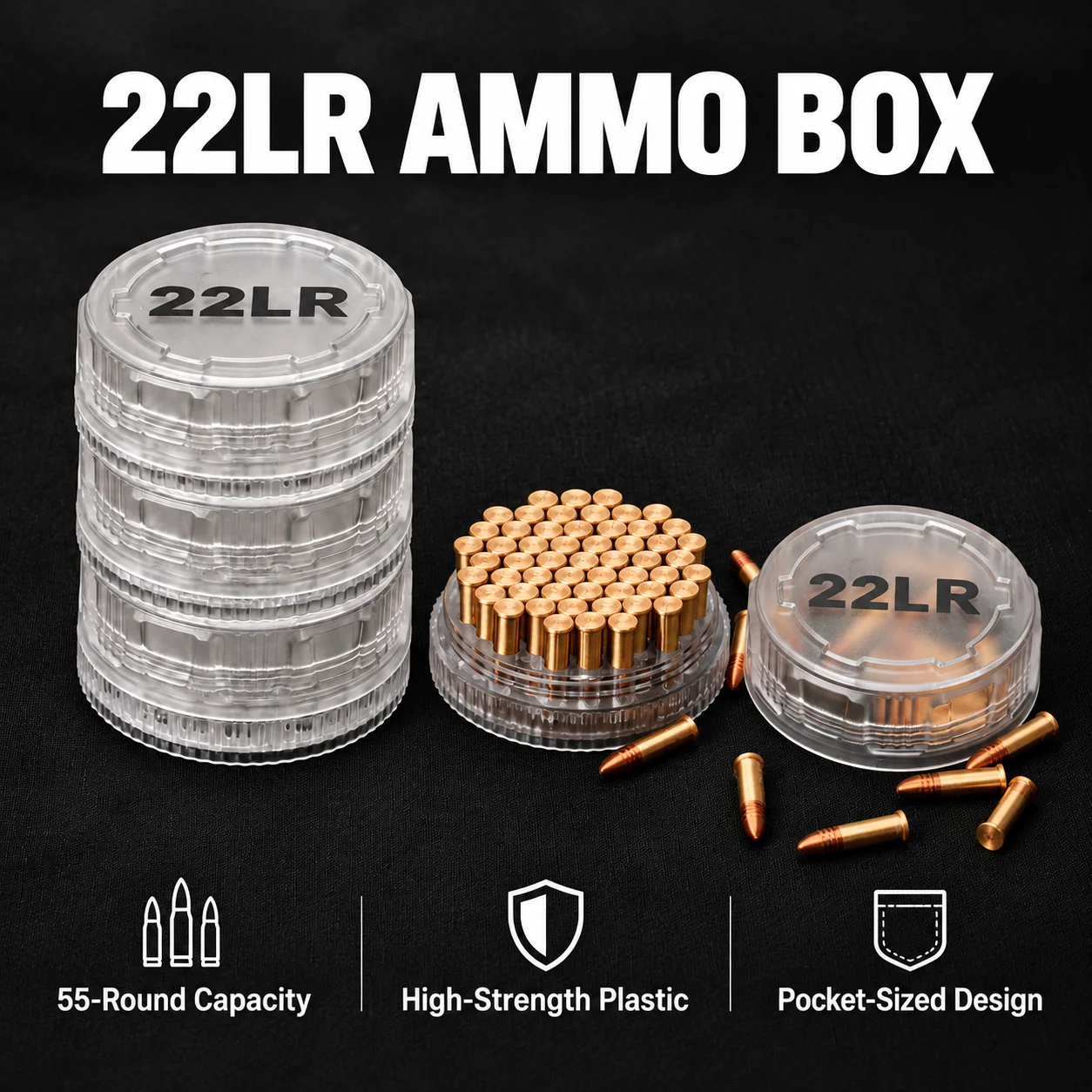 .22LR Ammo Storage Box 55-round capacity portable pocket design translucent plastic material