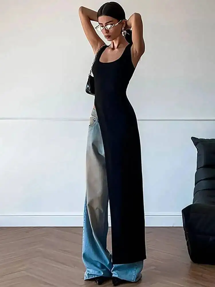 2025 مثير بلا أكمام الجانب عالية سبليت فستان الصلبة عارية الذراعين المرأة فساتين متوسطة الطول الصيف نادي الحفلات ملابس الشارع الشهير Y2K O94D