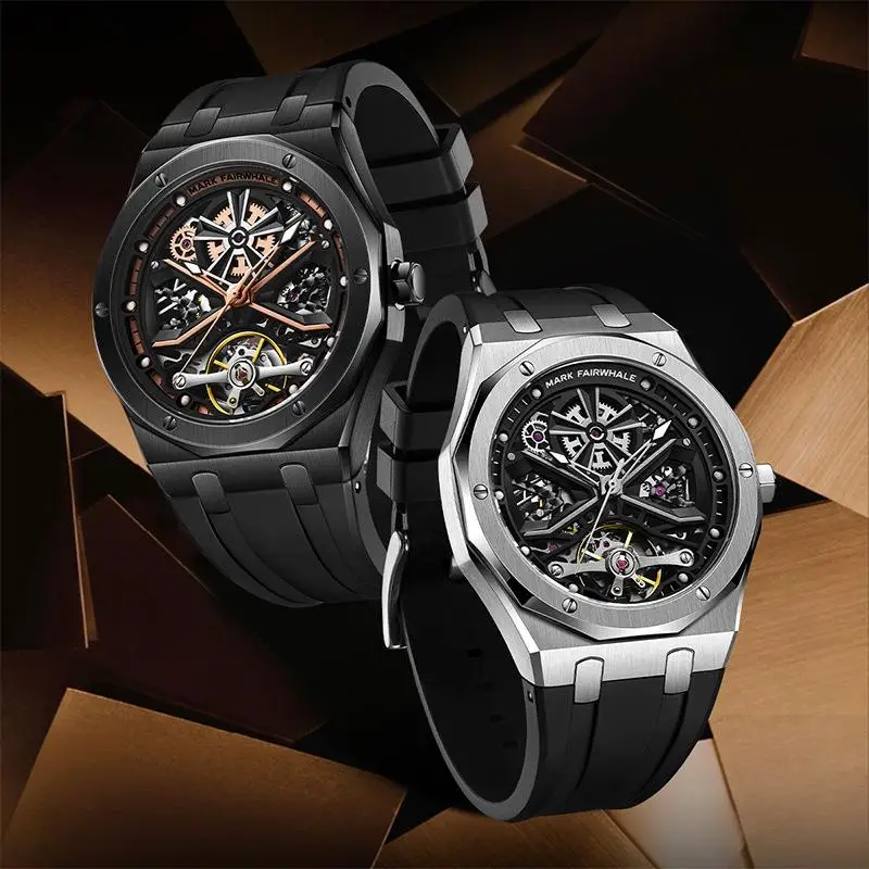 Stainless Steel Toubillon Automatic Watch Men Luxury Brand Skeleton Mechanical Watches Fashion Silicone Strap Waterproof Clock