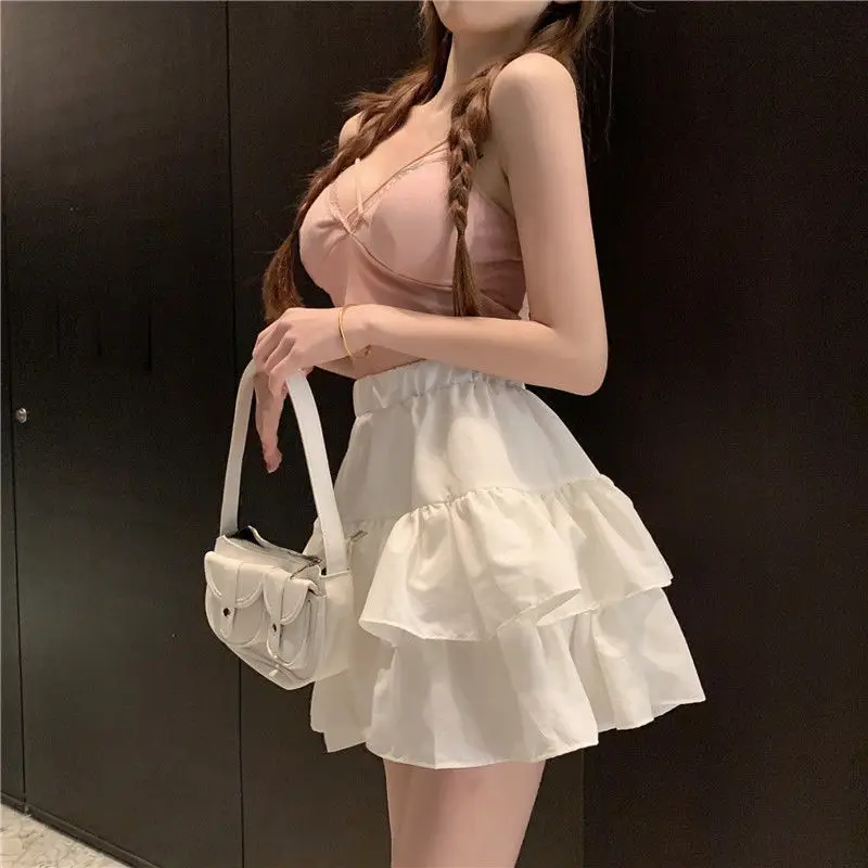 

White Mini Skirts Women Solid Ruffles Style Elegant Chic A-line Trendy Female Ulzzang Ins Summer New All-match Leisure Faldas