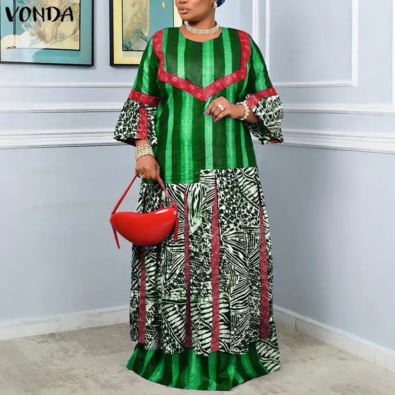 Plus Size 5XL VONDA Women Fashion Maxi Dress Flare Sleeve Casual Loose Print Long Sundress Vintage O-Neck Party Robe Oversized