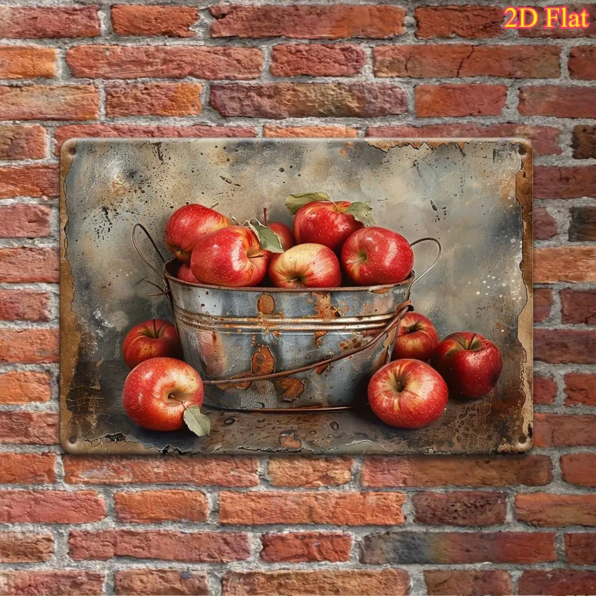 2D Flat Vintage Farmhouse Apple Basket Metal Wall Art Logo in Colors for Kitchen, Restaurant, Bar and Cafe Decor,  Wall Hanging